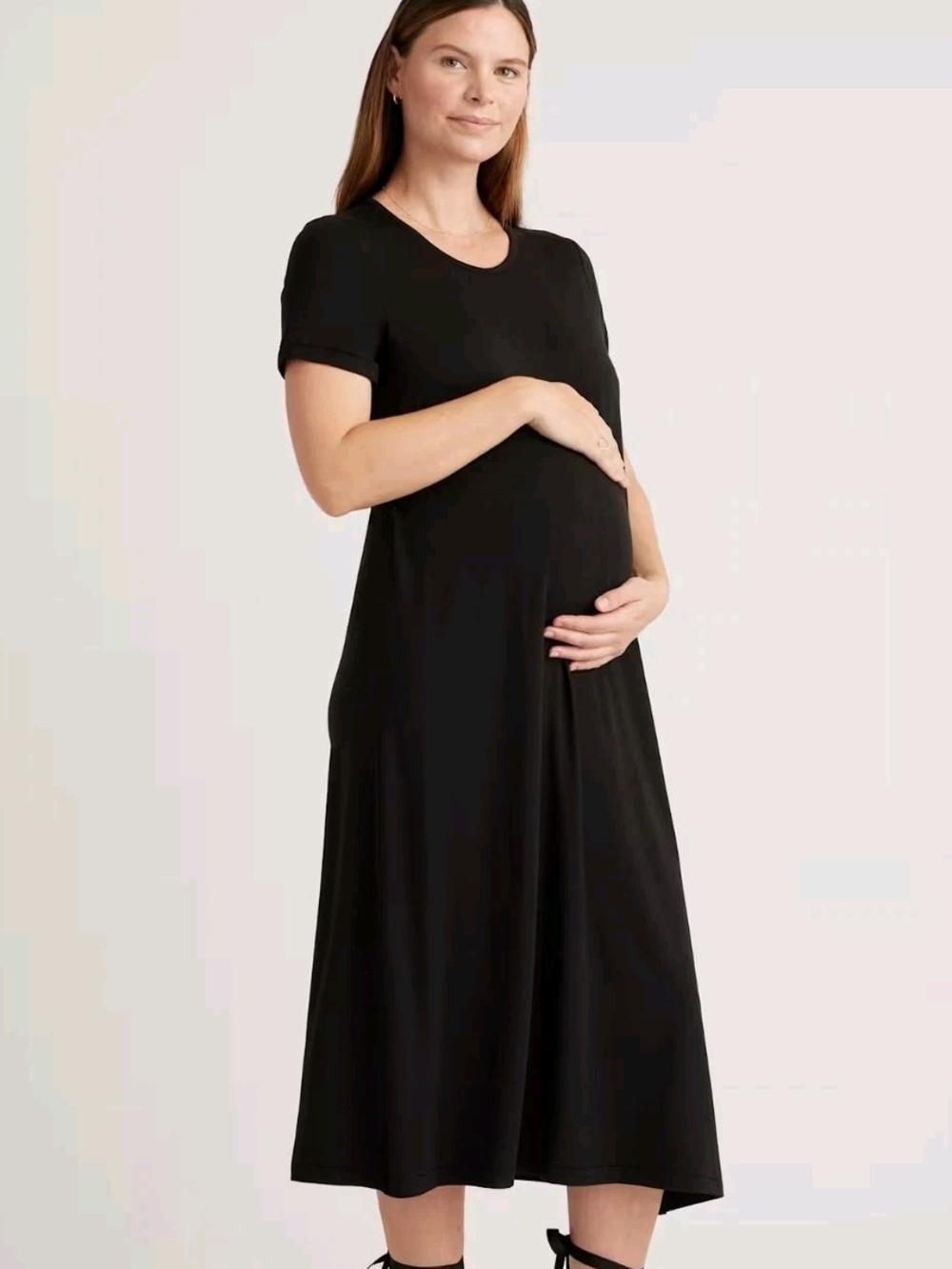 Quince Black Bamboo Jersey Maternity & Nursing T-Shirt Maxi Dress Size S Stretch